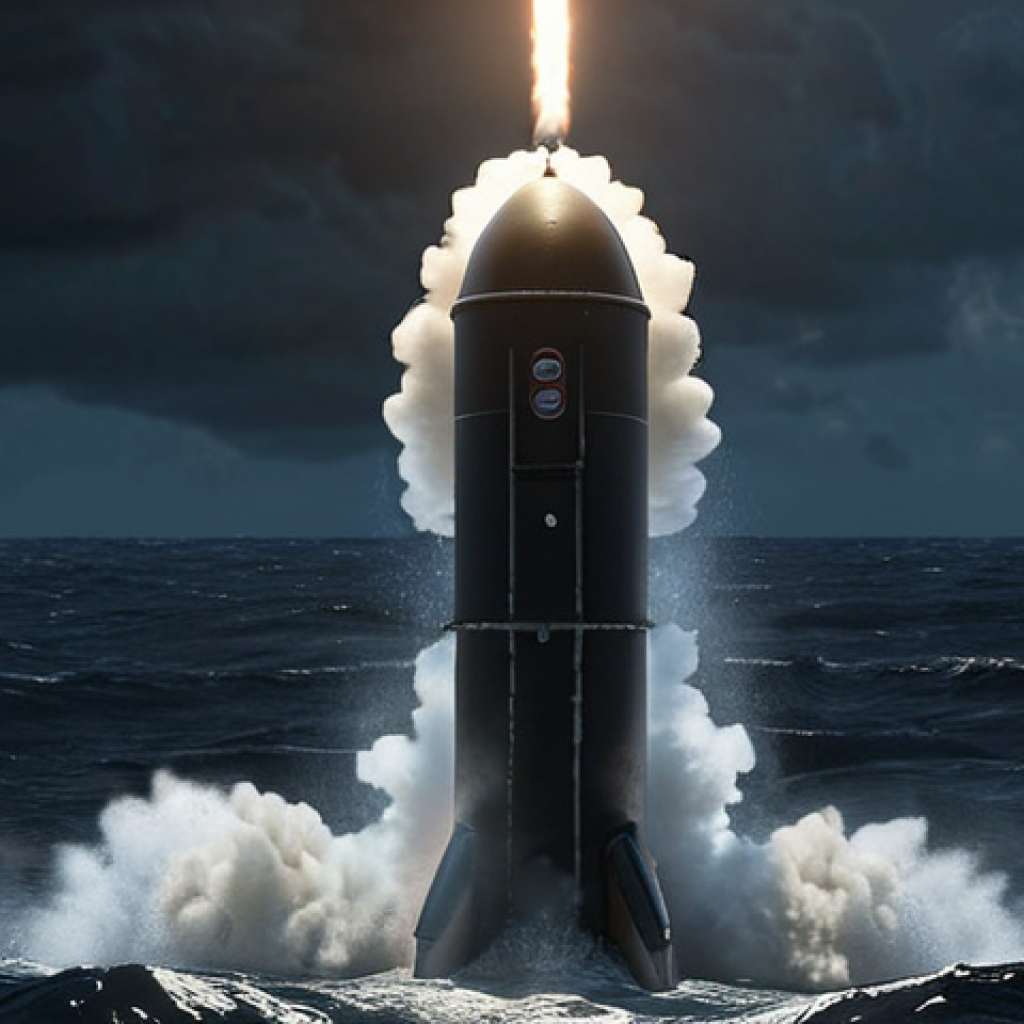 **

"Dramatic underwater scene: A Trident II D5 missile erupts from the ocean depths, propelled by compressed gas. The sleek, dark form of a submarine is visible beneath the missile, with turbulent water swirling around it. Emphasize the power and precision of the launch, with a focus on hydrodynamics and the contrast between the dark ocean and the emerging missile. Realistic rendering, high detail."

**