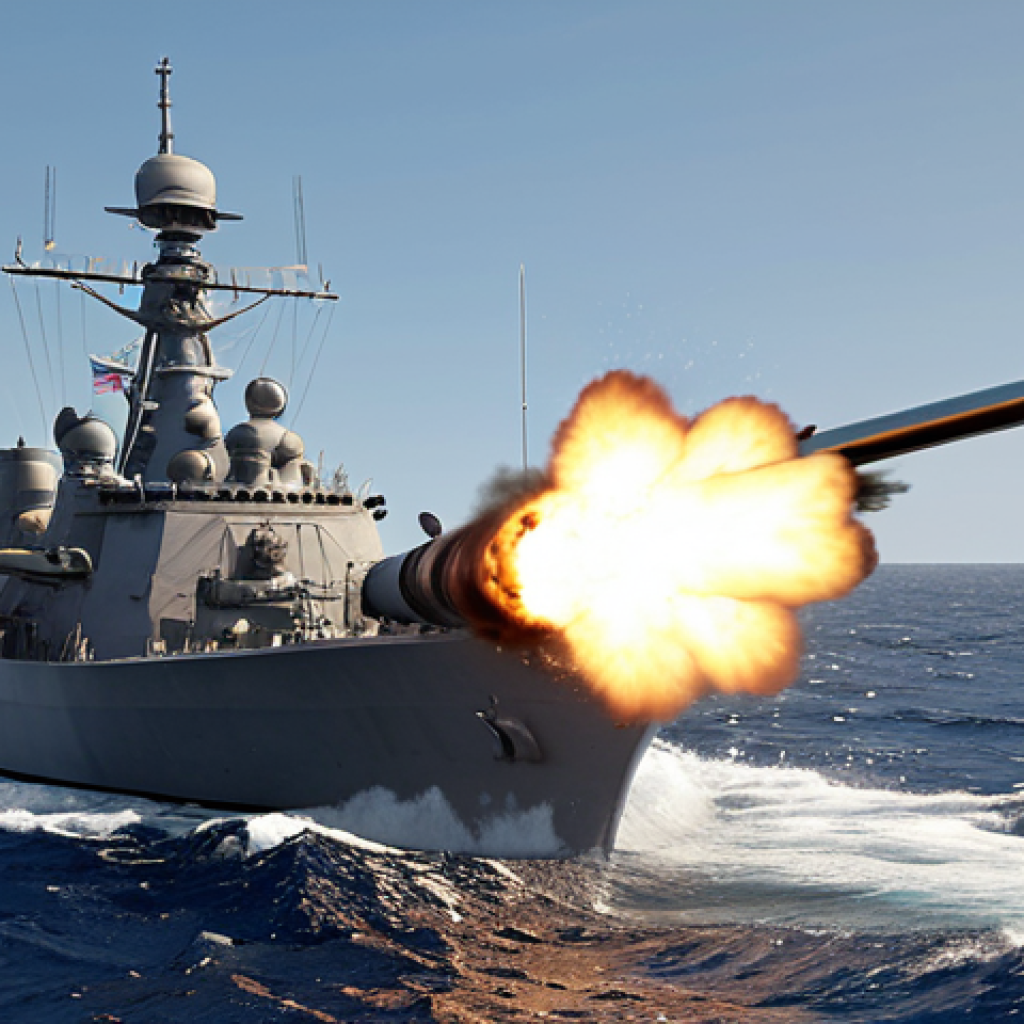 **

"Modern naval warship firing a guided projectile from a 5-inch gun, ocean setting, realistic."

**