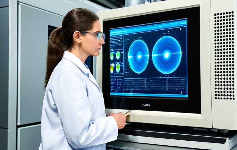 A professional female scientist, fully clothed in a modest lab coat, stands confidently beside an advanced high-power microwave (HPM) research prototype in a clean, state-of-the-art research laboratory. She is observing complex electromagnetic wave patterns on a glowing holographic display, reflecting the quiet intensity of technological innovation. The background features sleek, modern scientific instruments and large computer screens showing data visualizations. safe for work, appropriate content, professional, fully clothed, perfect anatomy, correct proportions, natural pose, well-formed hands, proper finger count, natural body proportions, professional photography, high quality.