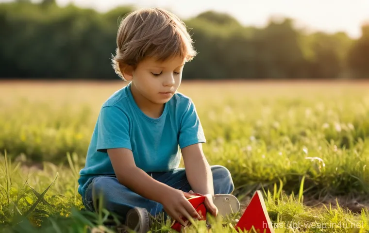 대인 살상무기 금지 협약 - **Prompt: "A poignant, realistic photograph depicting a young child, around 5-7 years old, playing i...
