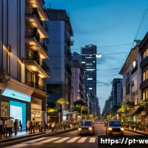 도심 방어 무기 체계 - A bustling urban street scene in São Paulo at dusk, featuring advanced smart sensors mounted on eleg...