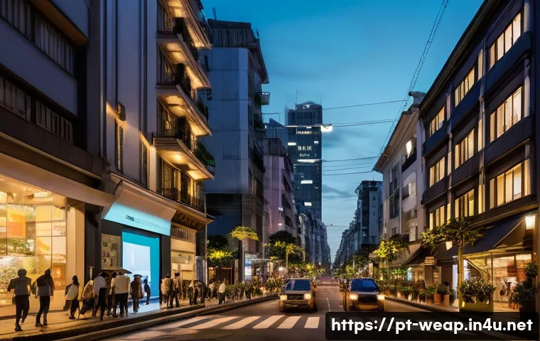 도심 방어 무기 체계 - A bustling urban street scene in São Paulo at dusk, featuring advanced smart sensors mounted on eleg...
