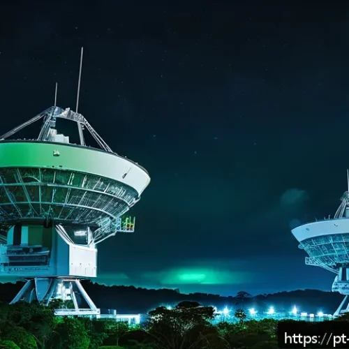 탄도 미사일 추적 시스템 - A high-tech military radar installation at dusk, featuring large, rotating high-frequency radar ante...