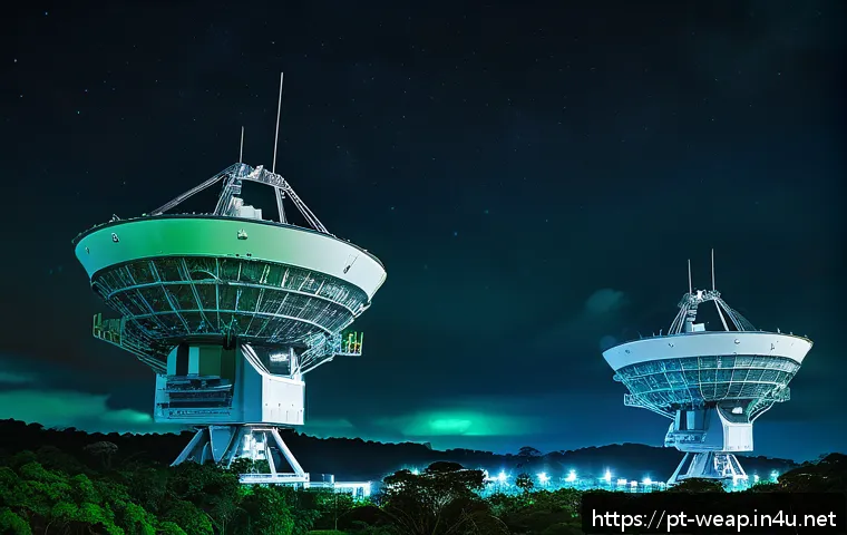 탄도 미사일 추적 시스템 - A high-tech military radar installation at dusk, featuring large, rotating high-frequency radar ante...
