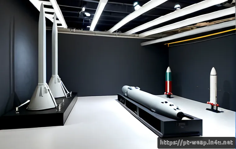 탄도미사일 사거리 비교 - Photorealistic defense museum exhibit in Brazil, three non-operational ballistic missile scale model...