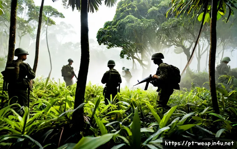 Home 17 야전 교전 전술 - Photorealistic wide-angle scene of a small military patrol practicing field engagement tactics in de...