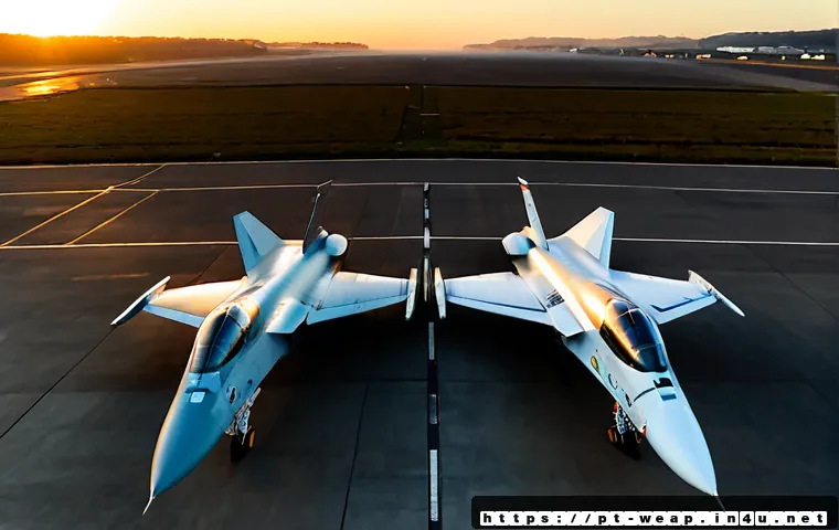 Home 17 차세대 전투기 성능 비교 - Photorealistic side-by-side comparison of two next-generation stealth fighter jets parked on a vast ...